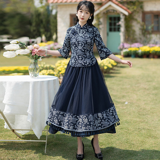 Tang Suit Plus Size Women's Clothing Blue and White Porcelain Top Modified Cheongsam Hanfu Women's Chinese Style Mother's Cotton and Linen Ethnic Style Suit