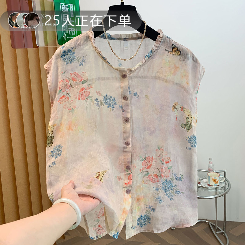 Cotton and Linen Sleeveless Shirt for Women, Summer Thin Style with Ruffled Edges, Lightweight Ramie Top, Loose Round Neck Floral Linen Blouse