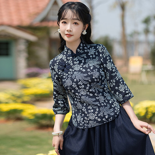 Tang Suit Plus Size Women's Clothing Blue and White Porcelain Top Modified Cheongsam Hanfu Women's Chinese Style Mother's Cotton and Linen Ethnic Style Suit