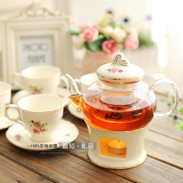Taize Farm House white-collar jade white rose glass tea set with heating seat boiled fruit flower teapot cup