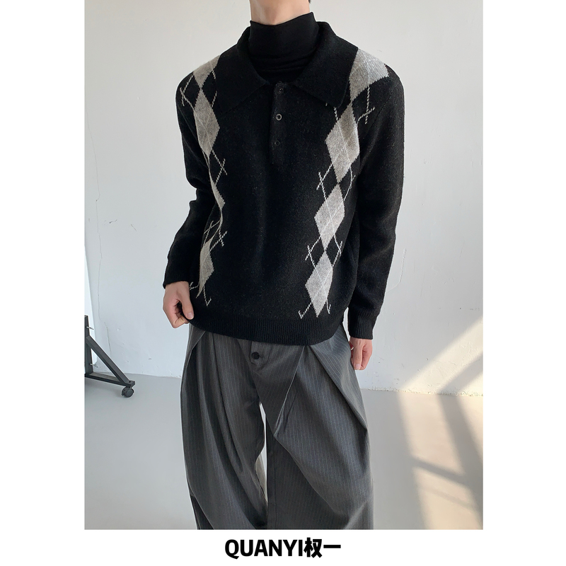 Quan Yi Autumn Argyle Lapel Polo Sweater for Men, Vintage Thickened Lazy Style with a High-End Feel, Jacquard Knitwear for Women