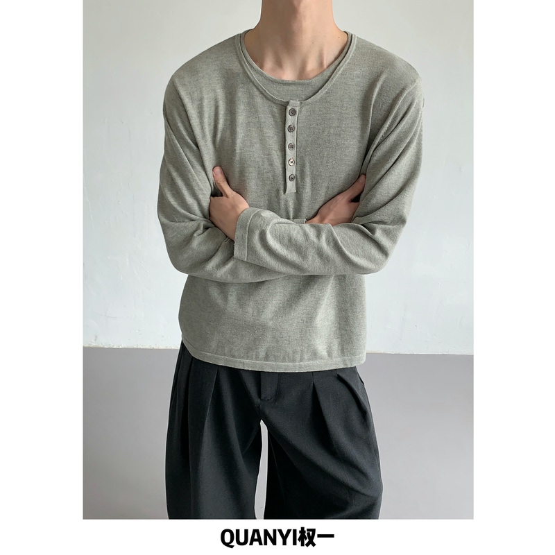 Qianyi Heavyweight Old Money Skin-Friendly Fake Two-Piece Henry Collar Half-Open Casual Long Sleeve Base Layer Soft and Flowy Top