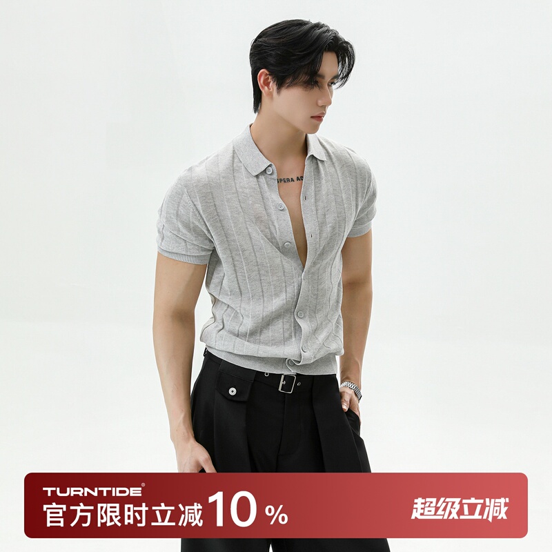 Turntide Lyocell Ribbed Cool-Feel Lapel Knit Short-Sleeve Cardigan Old Money Style Linen Breathable Polo Shirt