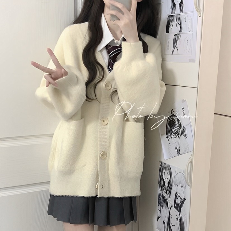 Autumn and Winter Jk Uniform Furry Cardigan Sweater for Women, Japanese Style, Preppy, Lazy Style, Loose Fit, Petite, Fluffy Coat