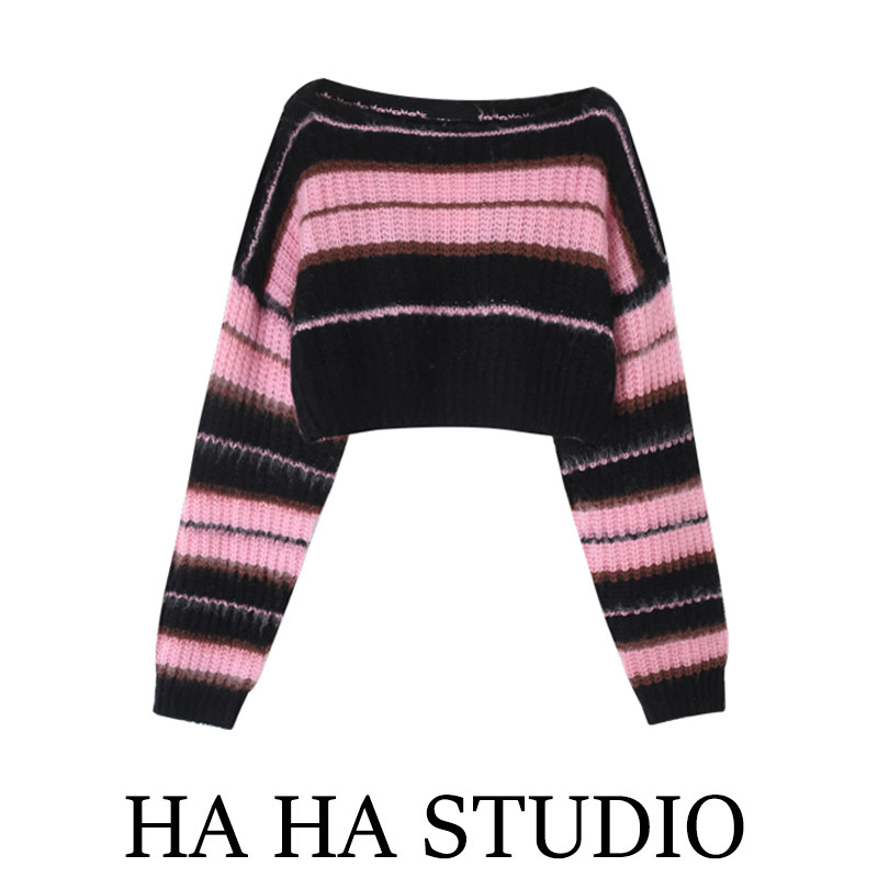 1W straight shoulder pink sweater women 2022 spring and summer new short streaks Spicy Girl with Shoulder Jacket Thin BLACK