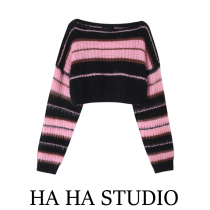 1W one-shoulder pink sweater womens 2022 autumn and winter new short striped sweet and cool hot girl off-the-shoulder top BLACK