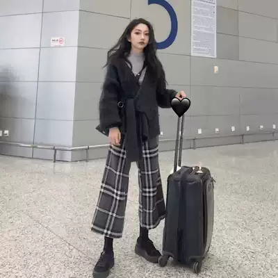Plaid woolen pants women's autumn and winter Korean retro high waist hanging nine-point wide-leg pants loose thin casual straight pants