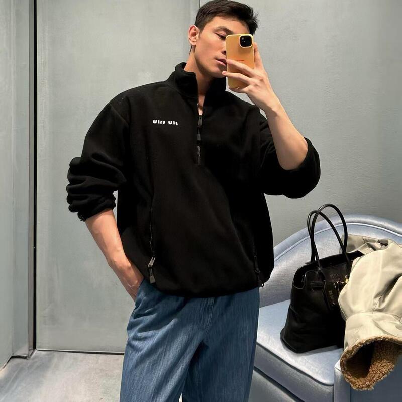26 Autumn and Winter New Trendy Brand Embroidered Letter Fleece Casual Stand-Up Collar Jacket for Men and Women Loose Sports Zipper Jacket