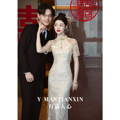 Вечернее платье, кружевное свадебное платье, ципао, цвета шампанского, кружевное платье, китайский стиль