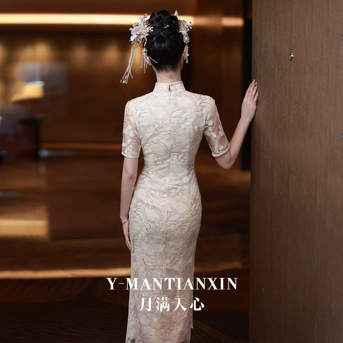 Вечернее платье, кружевное свадебное платье, ципао, цвета шампанского, кружевное платье, китайский стиль