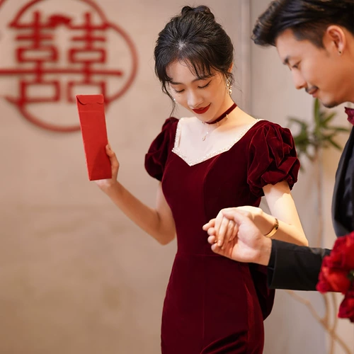 Бордовое бархатное вечернее платье для невесты, крой «рыбий хвост», облегающий крой