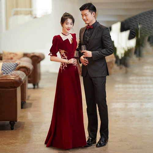 Бордовое длинное весеннее летнее вечернее платье для невесты, бархатная юбка