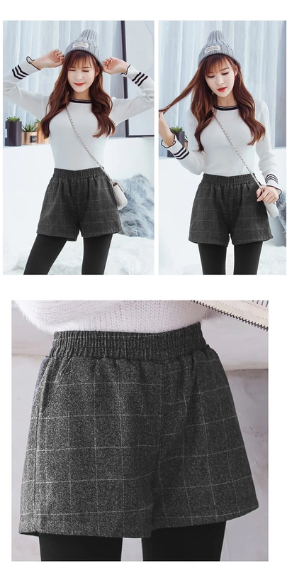 Quần short len ​​nữ mùa thu đông 2018 mới eo cao một chữ quần ống rộng đáy quần rộng eo cao mặc quần lưới lưới