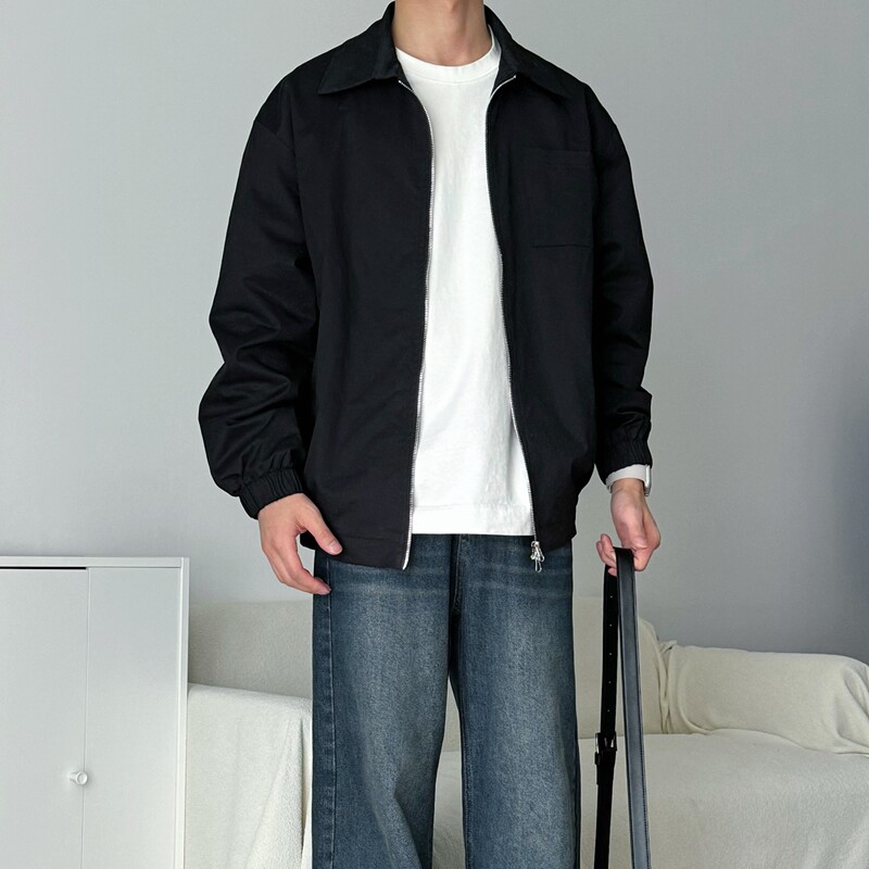 【A Xian】Lapel Solid Color Design Zipper Jacket for Men, Loose Fit, Spring and Autumn, Japanese and Korean Style Men's Clothing