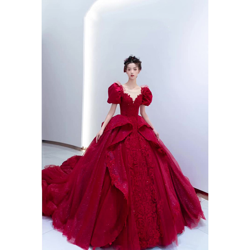 petite red wedding dresses Chic / Beautiful Red Wedding Dresses 2018 Ball Gown Beading Appliques Pearl  Sequins Square Neckline Backless Short