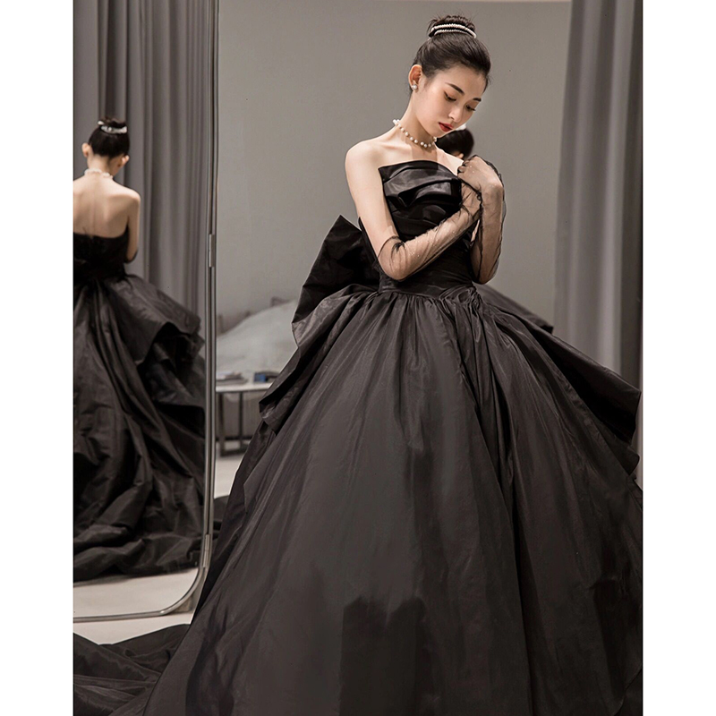 Black wedding dress, retro tube top, summer small princess costume, bright catchy style, fitted, suitable for teen