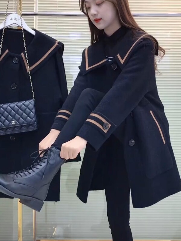 Woolen Outwear for Women, Mid-Length, Korean Style, Slim Fit, 2026 Autumn and Winter New Style, Outer Wear, Stylish Navy Collar Outwear