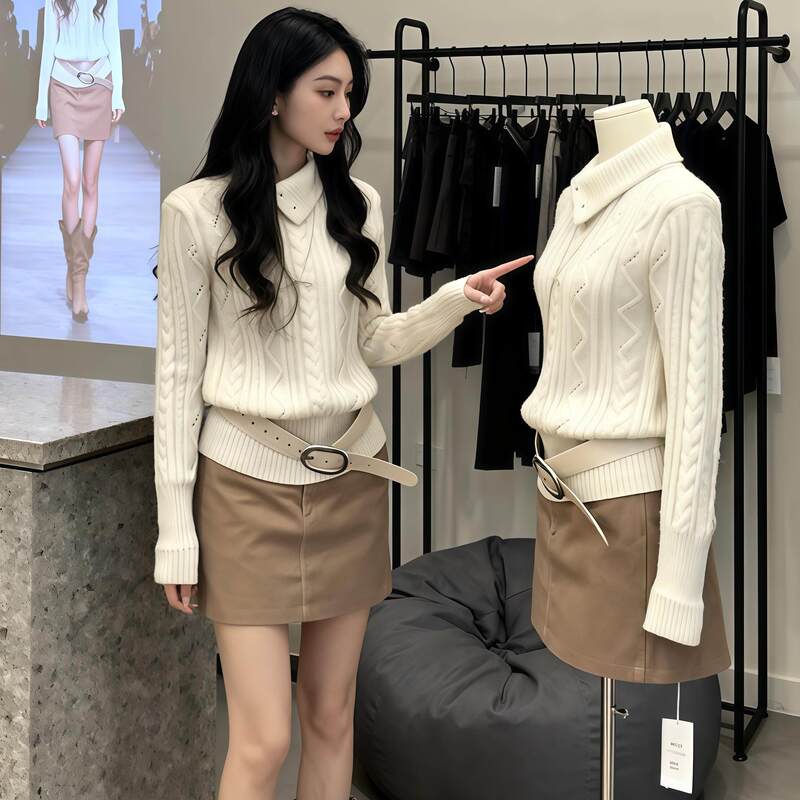 Korean-Style Lazy Style Twist-Knit Sweater for Women, White Collared Sweater, Slimming and Elegant, Suitable for Autumn and Winter, Can Be Worn as an Inner or Outer Layer Korean-Style Lazy Style Twist-Knit Sweater for Women, White Collared Sweater, Slimming and Elegant, Suitable for Autumn and Winter, Can Be Worn as an Inner or Outer Layer