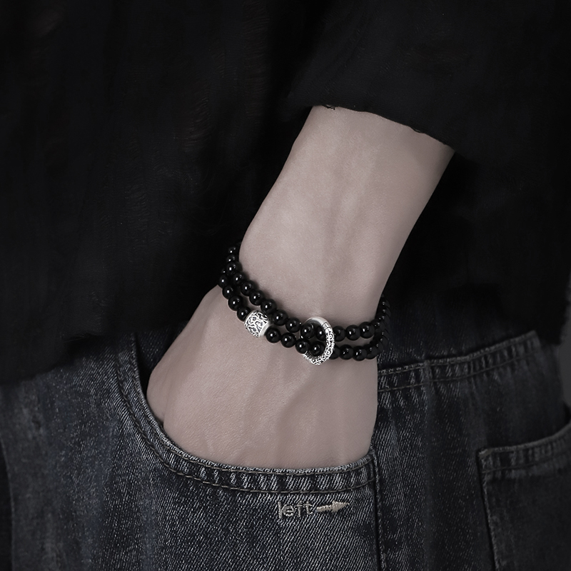 999 スターリングシルバーブレスレット メンズ 黒曜石 ピースバックルブレスレット メンズ メンズジュエリー 彼氏への誕生日プレゼント