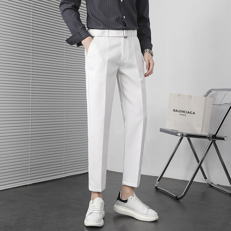 White Men's Straight-Leg Dress Pants with Drape Effect, Cropped Length, Slim Fit, Casual Trendy Spring Trousers