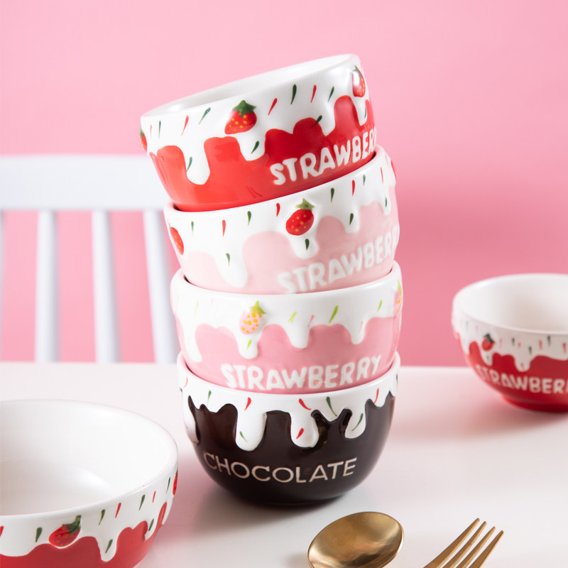Creative Fruit Strawberry Bowl Vegetable Salad Bowl Cute Teen Hearts Ins single rice bowls Home Ceramic Bowls Single