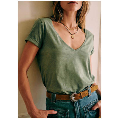 Casual French-style, niche, large-necked pure cotton V-neck T-shirt, short-sleeved, loose, versatile, simple, multi-color green top for women
