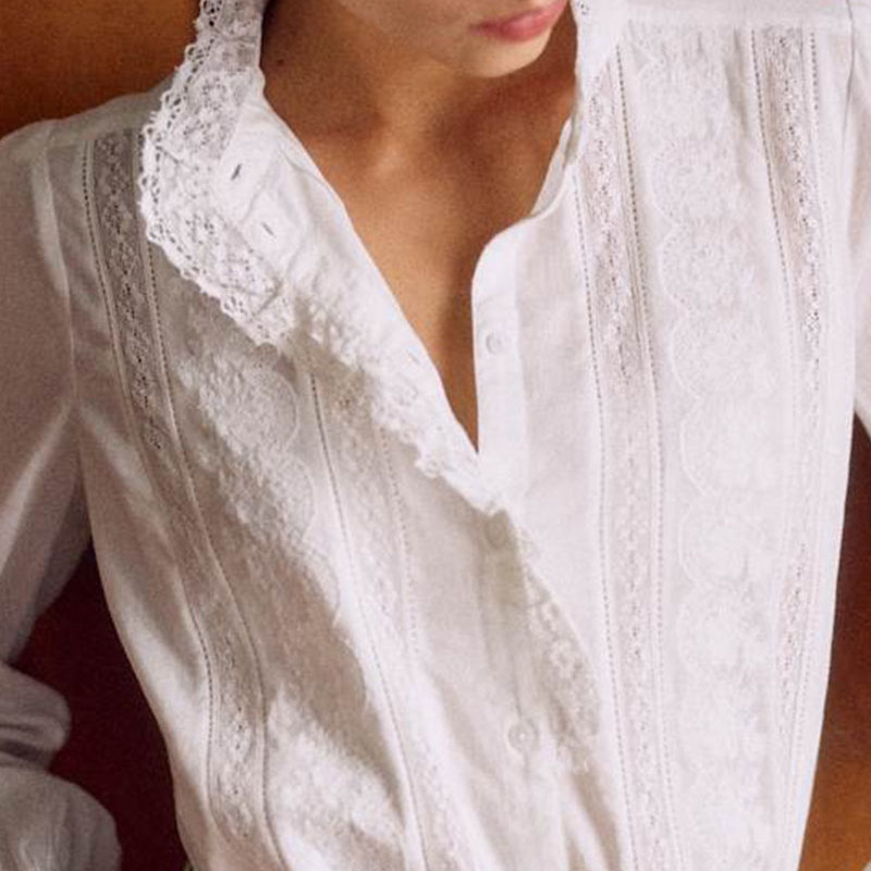 French Niche Stand-Up Collar Lace Asymmetrical Placket Lace Puff Sleeve Button Embroidery Pure Cotton Straight Shirt Top