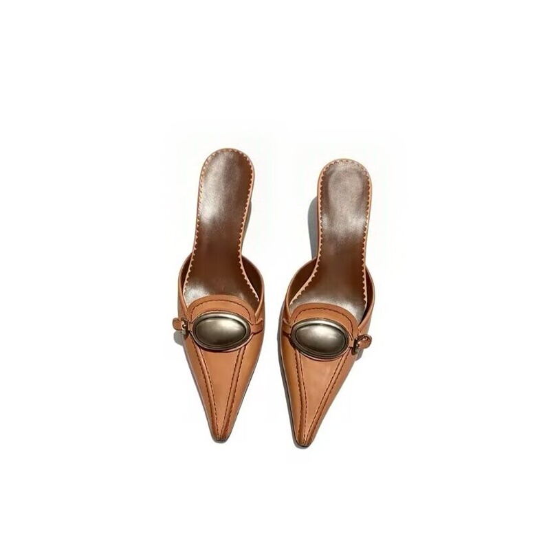 【Ruyan Vuicr】Sheepskin Version~ Mature Style Pointed Toe Stiletto Mules for Women with Metal Buckle High Heels and Half Slippers 【Ruyan Vuicr】Sheepskin Version~ Mature Style Pointed Toe Stiletto Mules for Women with Metal Buckle High Heels and Half Slippers