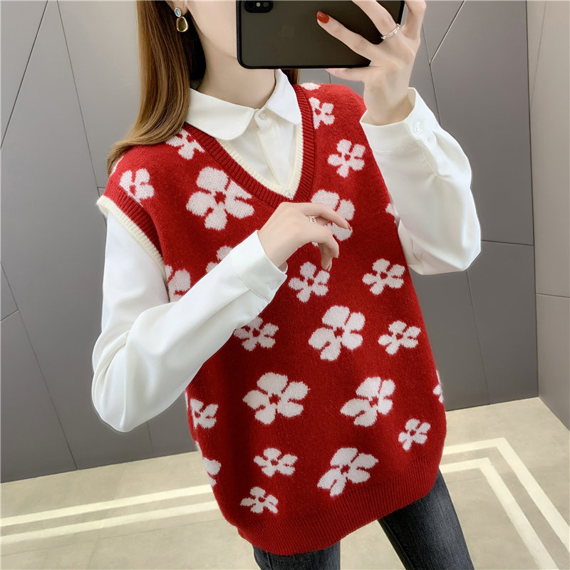 2021 Snowflake waistcoat Loose Blouse Student Teenage Girl Spring Tyins Embroidery Sleeveless V Collar Knit Vest Woman Outwear