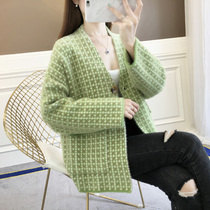 Imitation mink coat womens 2019 autumn new plaid retro sweater short net red cardigan loose small shawl