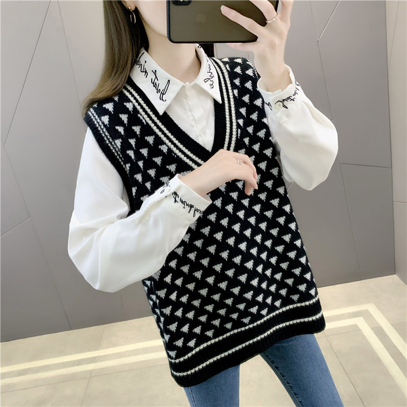 Waistcoat Vest Jacket Spring Autumn Exterior Lap New Knitted Lady Sweater Damp Korean version V collar loose rhombus outwear