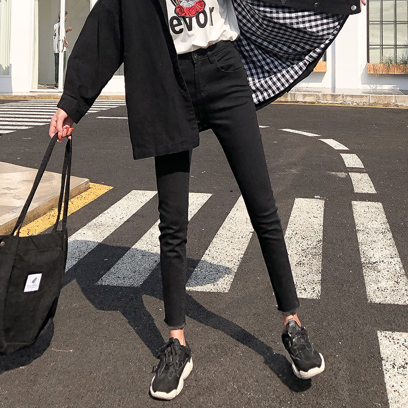 Black jeans women's 2021 spring new high-waisted new Korean version thin and versatile tight nine-point small feet pants