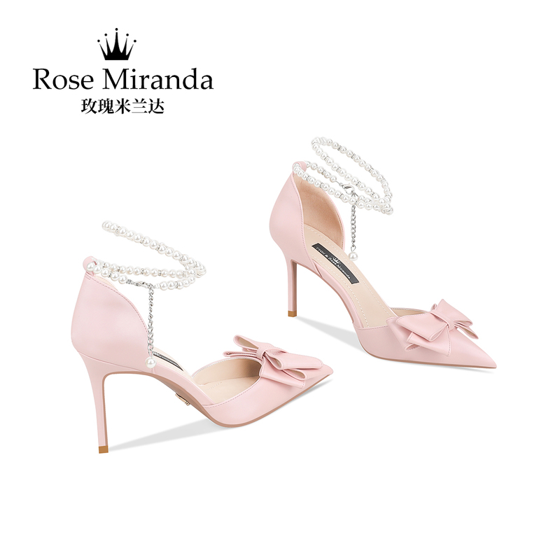 Rose Miranda High-Heeled Shoes Pink Princess Bow Stiletto Hollow Pointed Toe Sandals