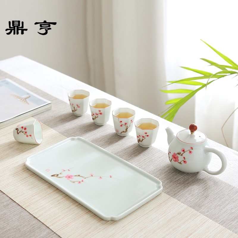 Ding heng jingdezhen kung fu tea set suit portable travel simple ceramic teapot tea tray cups white porcelain