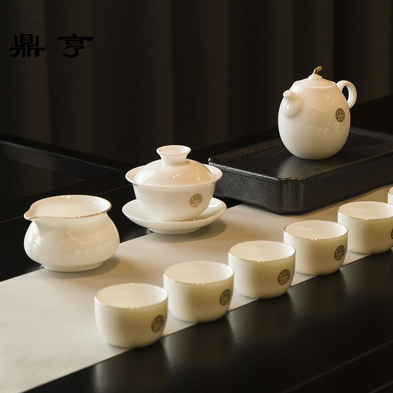 Ding heng dehua suet jade porcelain tea set suit white porcelain household tureen tea cup teapot a complete set of kung fu tea taking