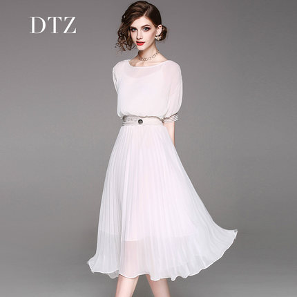 极简主义藏肉冷淡风高腰白色雪纺连衣裙女夏2