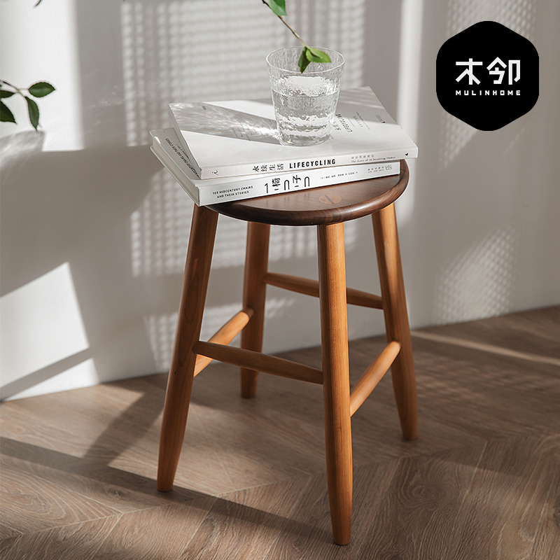 Wooden neighbor sugar cake round stool household solid wood stool Nordic cherry wood shoe changing stool makeup stool log round stool