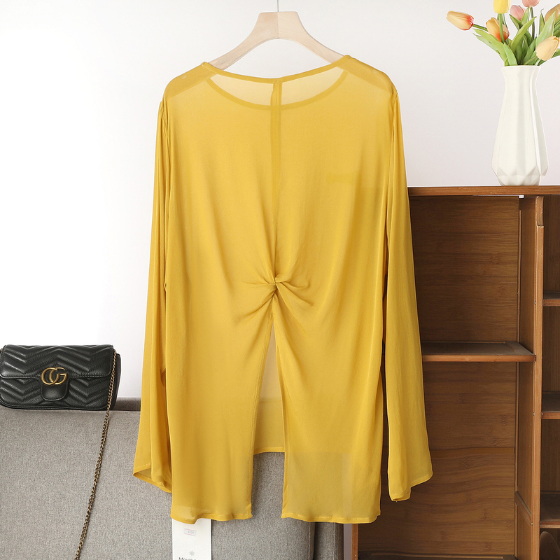 Mv Summer New Style Silk Long-Sleeved Top with Twist and Slit Design on the Back, Loose Rayon Sun Protection Shirt for Women Mv Summer New Style Silk Long-Sleeved Top with Twist and Slit Design on the Back, Loose Rayon Sun Protection Shirt for Women