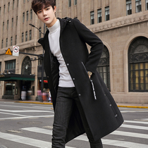 Autumn and winter over-the-knee trench coat hooded mens clothing 2019 new wool coat Korean version wool coat medium-long youth tide