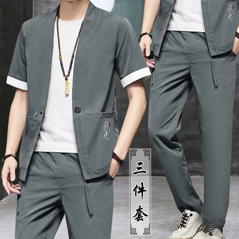 Chinoiserie men's Buddhist vintage short-sleeved T-shirt v summer tide brand thin set men's summer casual Tang dress Hanfu