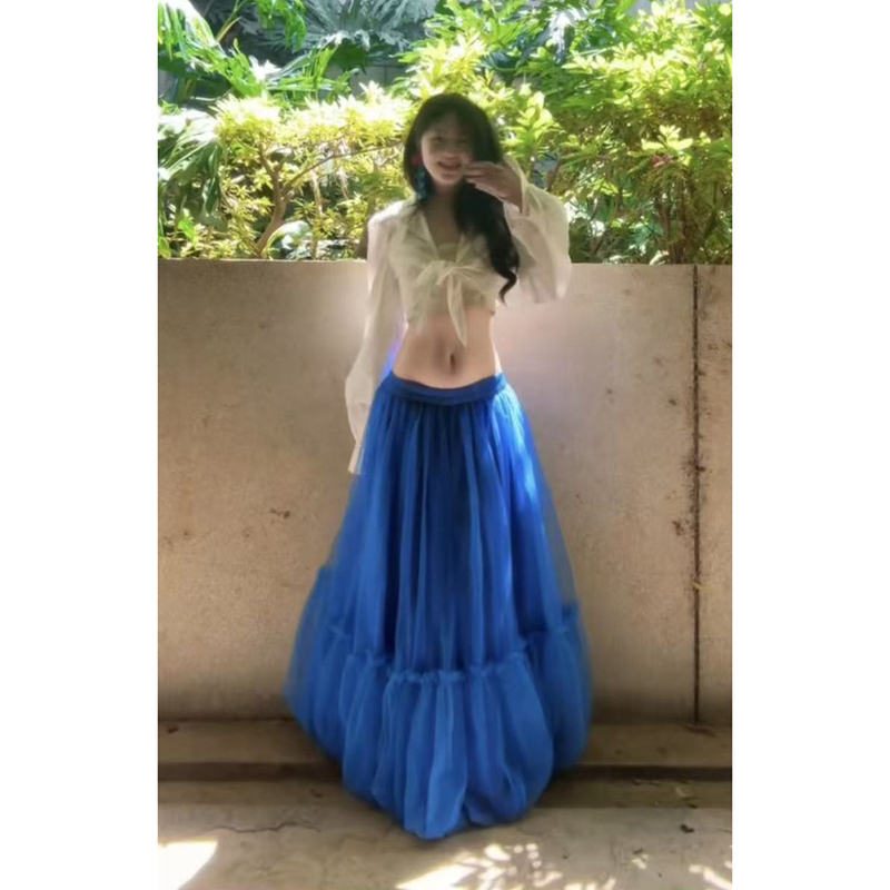 Summer Outfit'Alice Castle' Klein Blue Mesh Skirt for Women, New Spring Style, Drapey A-Line Long Skirt