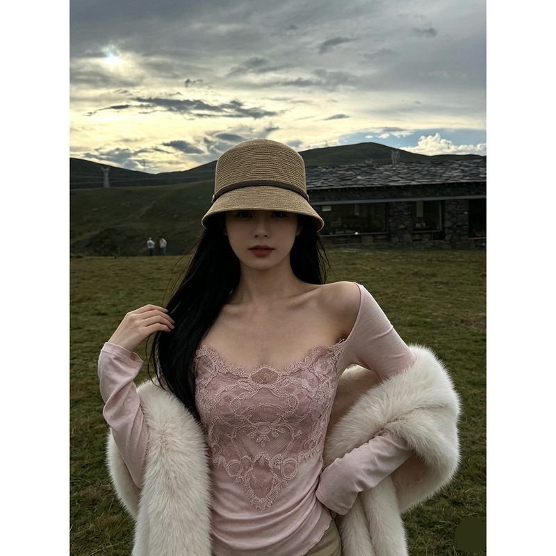 French-Style Vintage Lyocell Tencel Pink Long-Sleeve Lace Top for Women, Pure Desire Style Base Shirt T-Shirt for Autumn