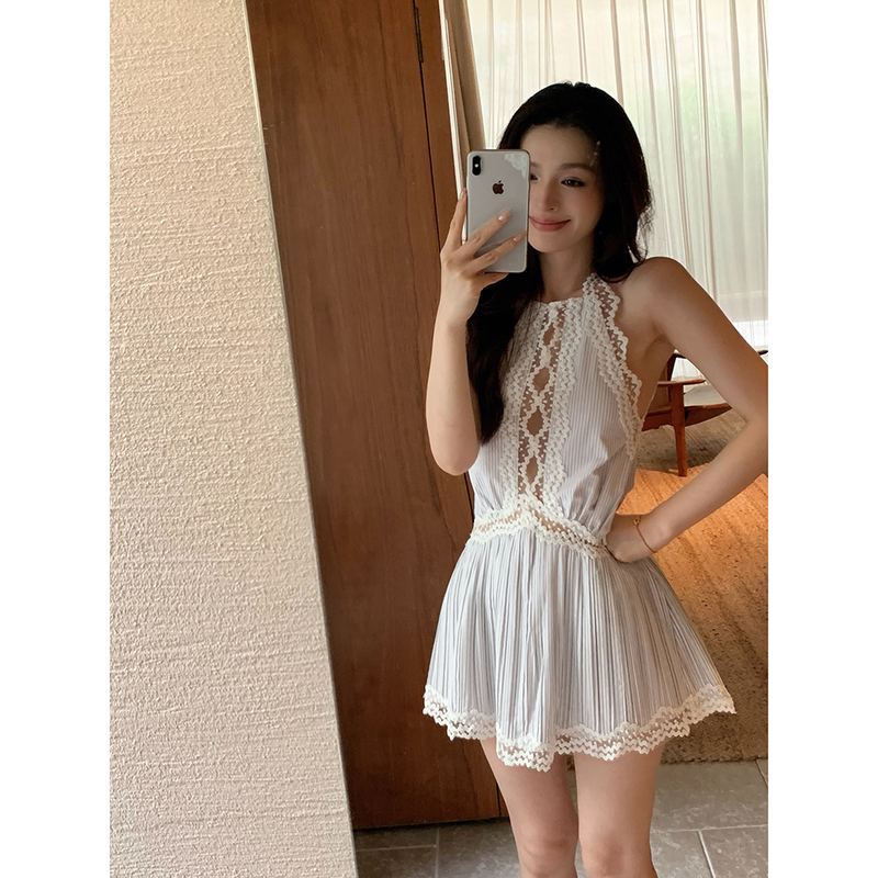 2026 Summer Korean Style New Elegant Waist-Slimming Striped Hollow Out Patchwork Lace Sleeveless Dress for Women Waist-Slimming 2026 Summer Korean Style New Elegant Waist-Slimming Striped Hollow Out Patchwork Lace Sleeveless Dress for Women Waist-Slimming