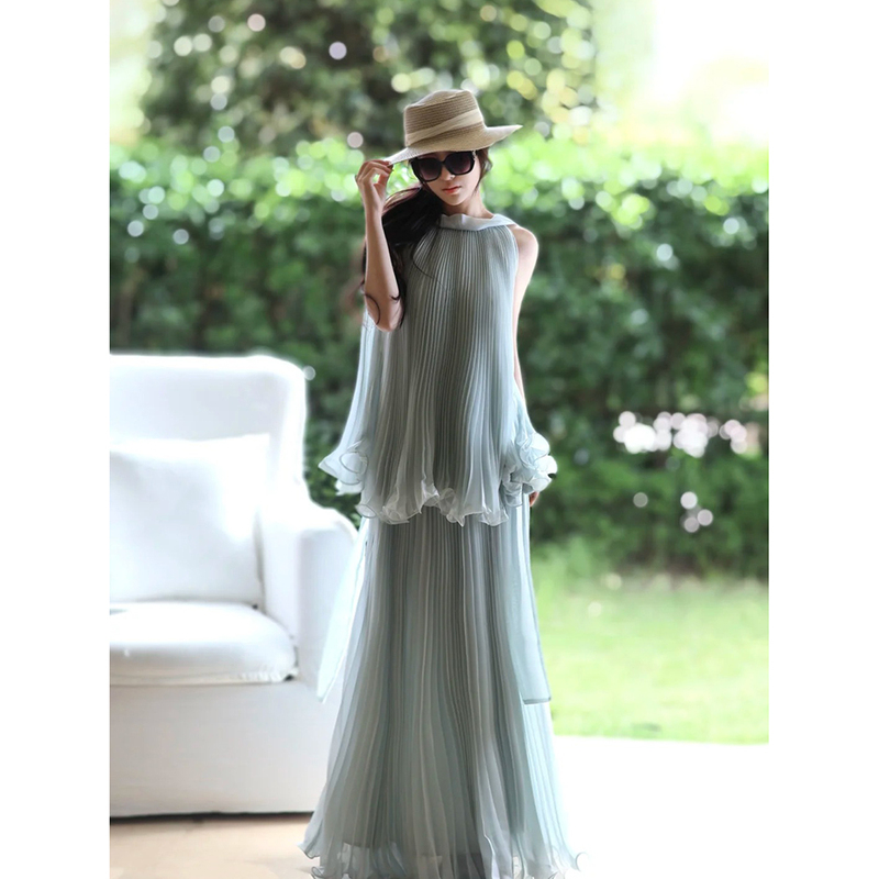 2026 New Style Sleeveless Vest Top for Women, Summer Straight A-Line Skirt, Holiday Style Long Skirt Two-Piece Set Trendy