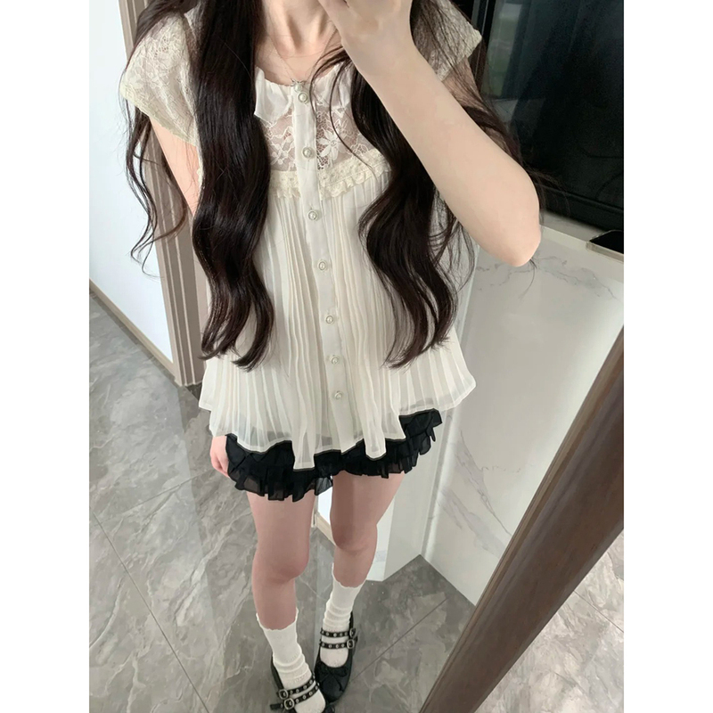 Sweet Style【Doll-Style】Apricot Lace-Trimmed Chiffon Shirt for Women, Spring and Summer Black Tiered Skirt