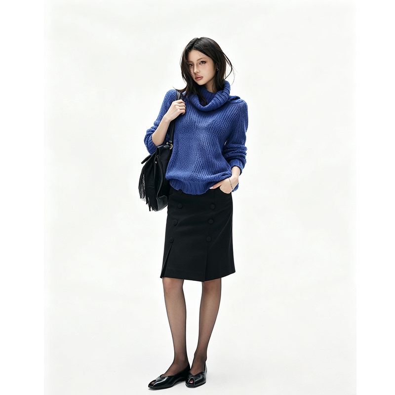 2026 Autumn New Korean Style Blue Simple Versatile Sweater Two-Tone Turtleneck Loose Lazy Style Knitted Sweater for Women 2026 Autumn New Korean Style Blue Simple Versatile Sweater Two-Tone Turtleneck Loose Lazy Style Knitted Sweater for Women