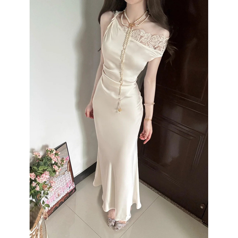 [Cannes Moonlight] White Satin Light Dress, Slim Fit, Waist-Cinching, One-Shoulder, Sleeveless Dress, Summer Dress for Women, Long Dress