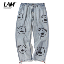 Little Devil Contrast Splicing Jeans Mens Tide Brand Straight Rope Bundle Foot Embroidery Vintage Casual Long Pants