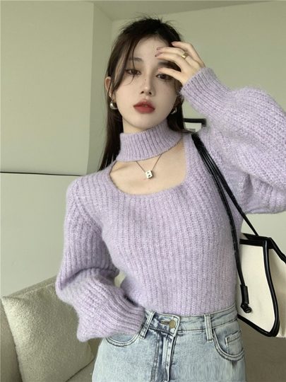 Purple Hollow-Out Square-Neck Halter Sweater for Women, Spring and Autumn Inner Layer, Half-High Collar Base Shirt, Lantern Sleeve Short Knit Top