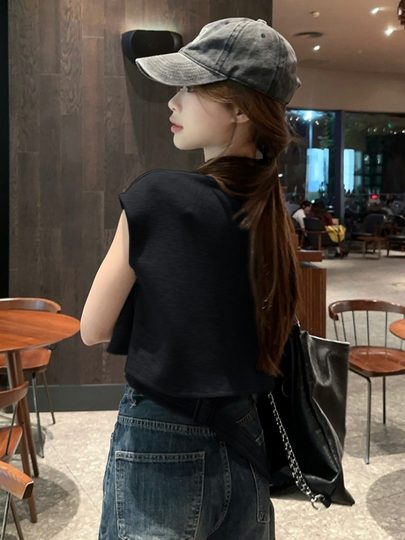 高腰镂空polo领小飞袖T恤女夏休闲宽松慵懒风短款上衣设计感小众